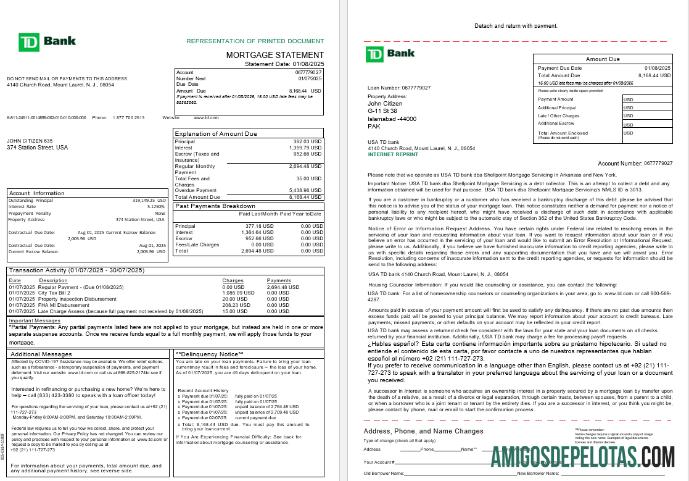 Extrato de hipoteca do USA TD Bank em formatos Word e PDF, 3 páginas 1 2 modelo